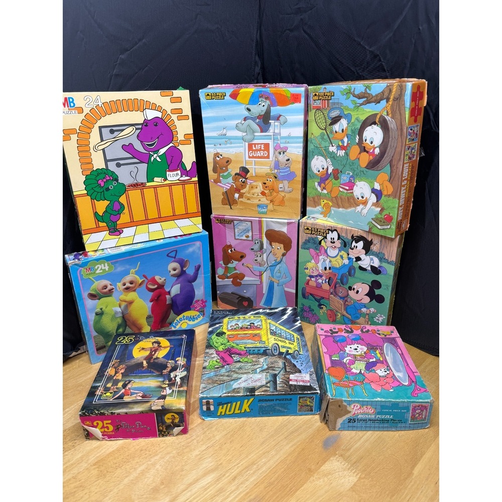 Vintage Children's Jigsaw Puzzle 9pc Lot 1980's Barney Hulk Pound Puppies Disney